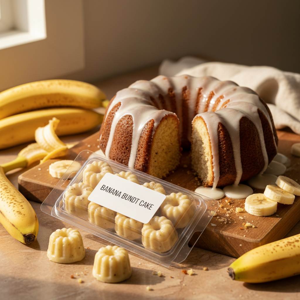 Banana Bundt Cake scented wax melt cubes in clear clamshell packaging resting against a freshly baked glazed bundt cake with ripe bananas and banana slices on a warm marble surface