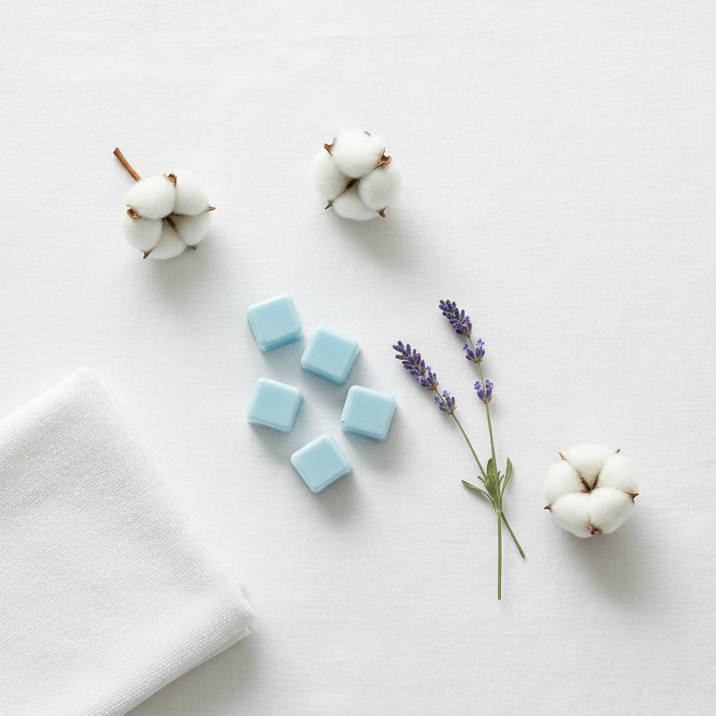 Top-down flat lay of soft sky blue Clean Laundry scented wax melt cubes on crisp white linen with cotton bolls, a lavender sprig, and a folded white washcloth in soft natural daylight