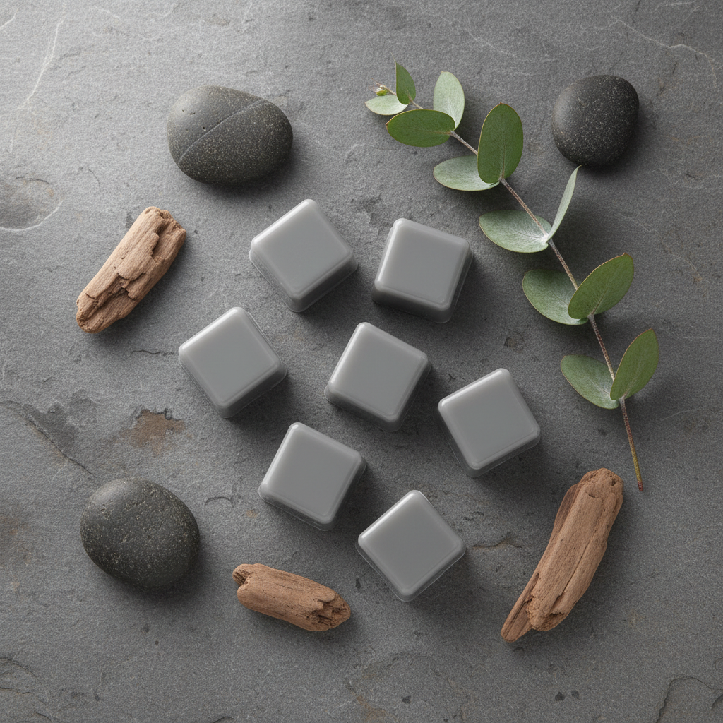 Top-down flat lay of slate grey Stone Ridge scented wax melt cubes on a grey slate surface with smooth river rocks, driftwood pieces, and eucalyptus sprigs in soft diffused natural light