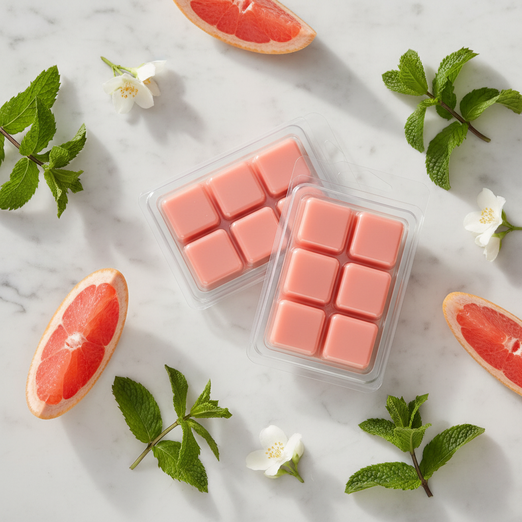Top-down flat lay of pink coral Grapefruit and Mint scented wax melt cubes on a white marble surface with grapefruit slices, fresh mint leaves, and small white flowers in soft natural daylight