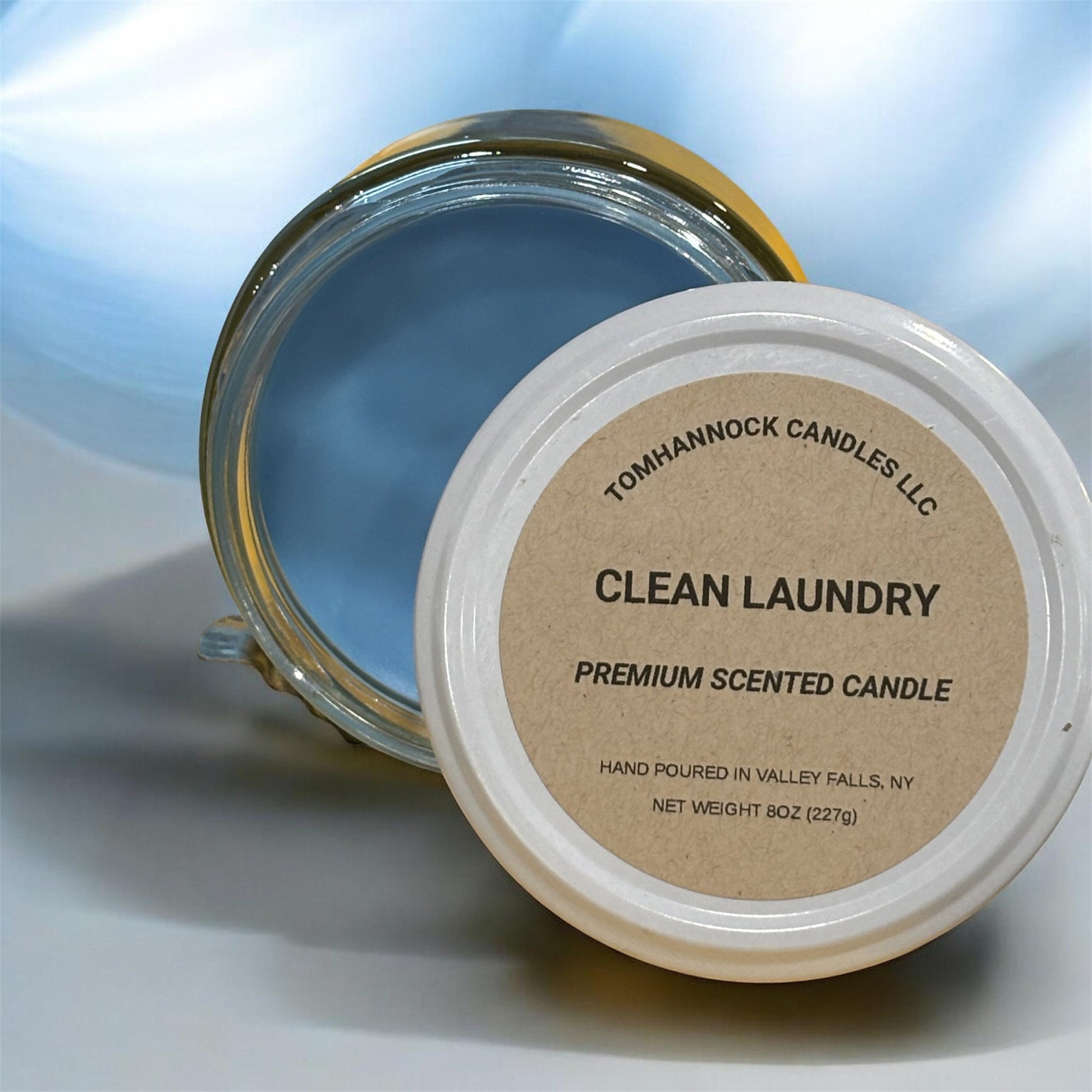 Clean Laundry premium scented candle by Tomhannock Candles LLC, hand poured in Valley Falls NY, 8oz jar with soft powder blue wax