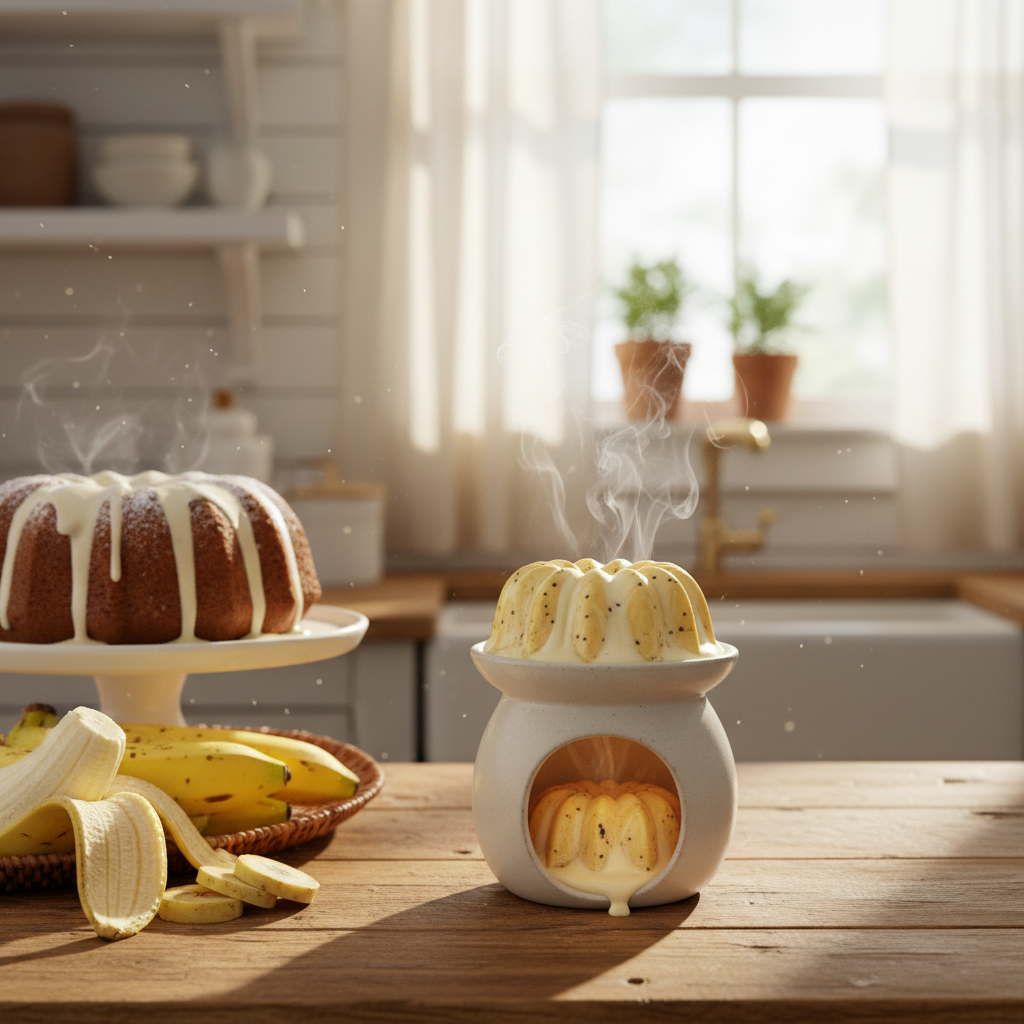 A white ceramic banana-scented candle warmer sits on a wooden kitchen table, with steam rising from its open front. A matching banana-patterned bowl and a banana cake stand on a pedestal in the background, with bananas and a blurred kitchen interior behind.