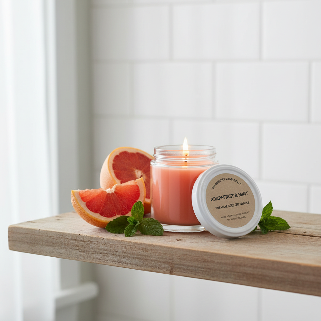 omhannock Candles Grapefruit & Mint premium scented candle in a clear glass jar with white lid, styled on a wooden surface near a window with mint leaves and grapefruit slice