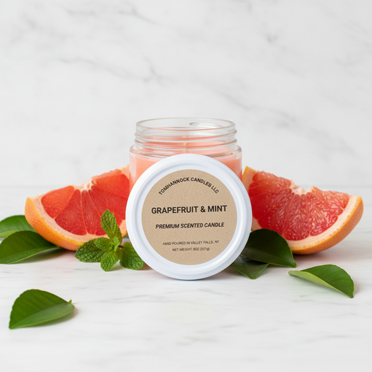 Tomhannock Candles Grapefruit & Mint premium scented candle with lid label, surrounded by fresh grapefruit slices and mint leaves on a marble surface"
