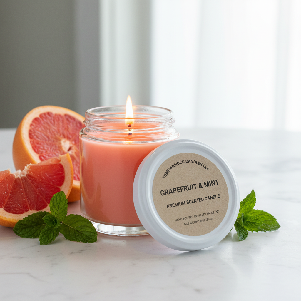 Lit Grapefruit & Mint premium scented soy candle in a clear glass jar with Tomhannock Candles lid beside it, styled with grapefruit and fresh mint on a marble surface
