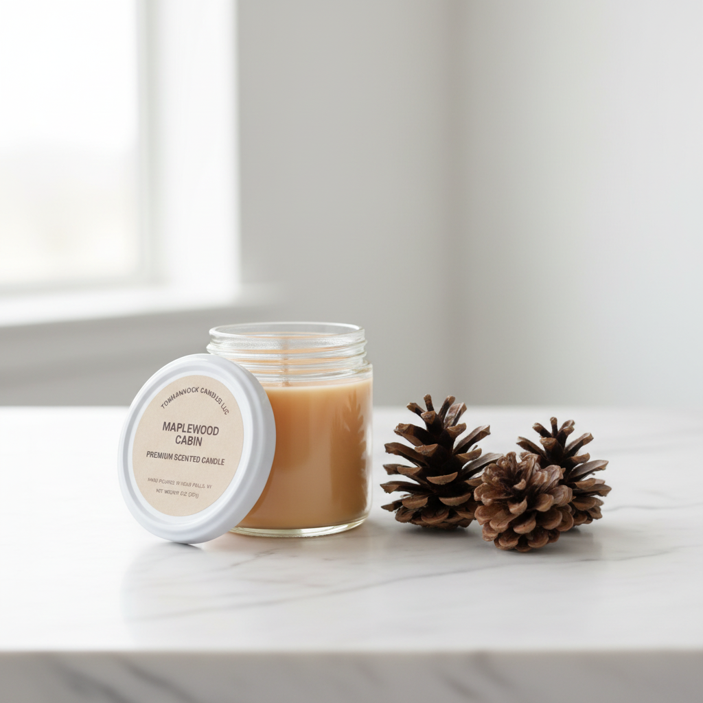 Maplewood Cabin scented candle on white marble surface with pine cones, soft natural light, premium product photography