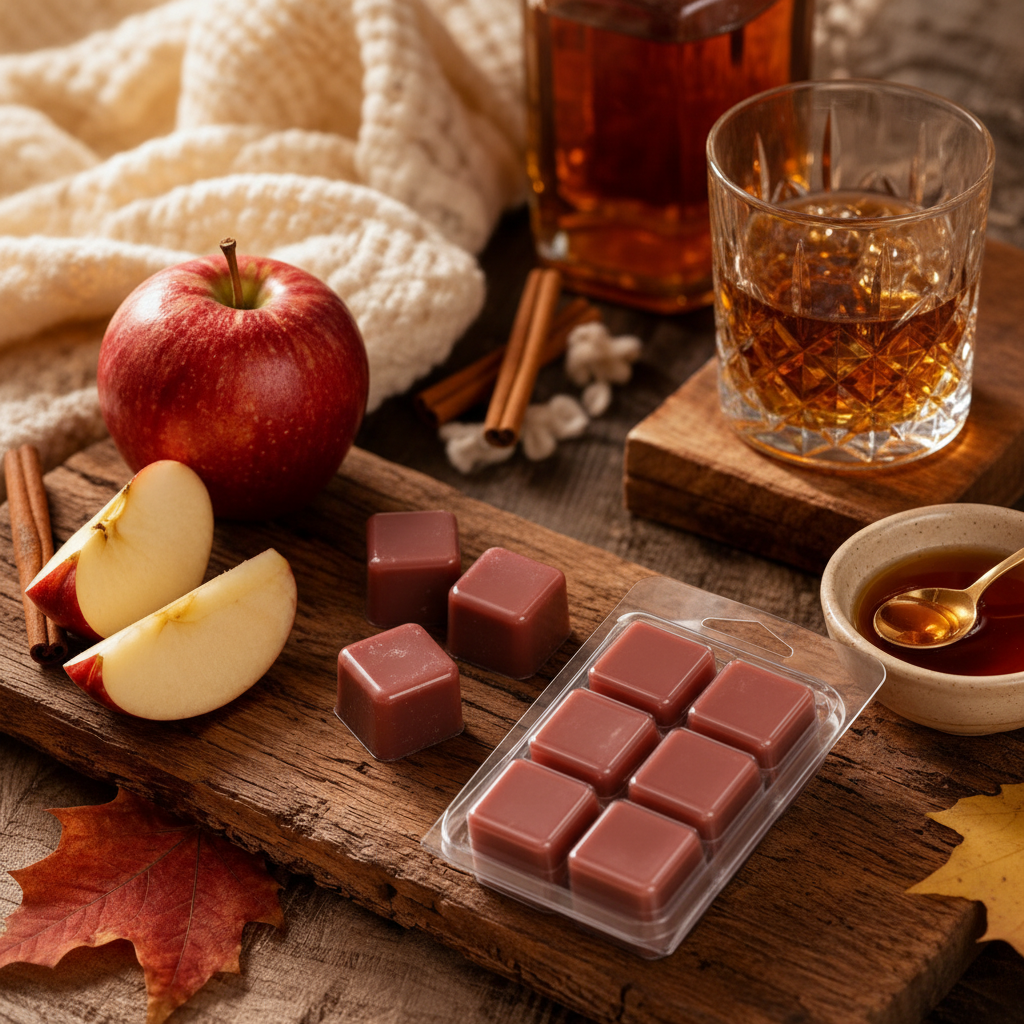 Top-down flat lay of Apples and Maple Bourbon scented wax melt cubes on a dark wood surface with sliced red apples, cinnamon sticks, a bowl of maple syrup, fall leaves, and a whiskey glass in warm amber light