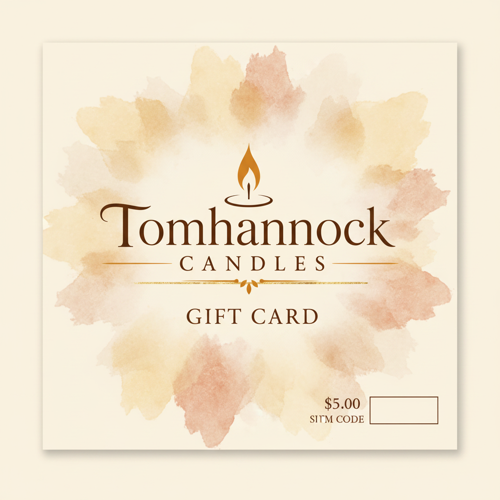 Tomhannock Candles LLC gift card featuring the brand logo on a warm cream background, premium scented candle gift card made in Valley Falls NY