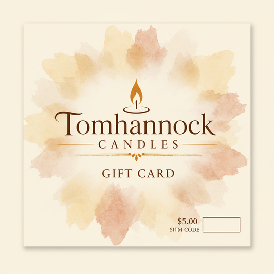 Tomhannock Candles LLC gift card featuring the brand logo on a warm cream background, premium scented candle gift card made in Valley Falls NY
