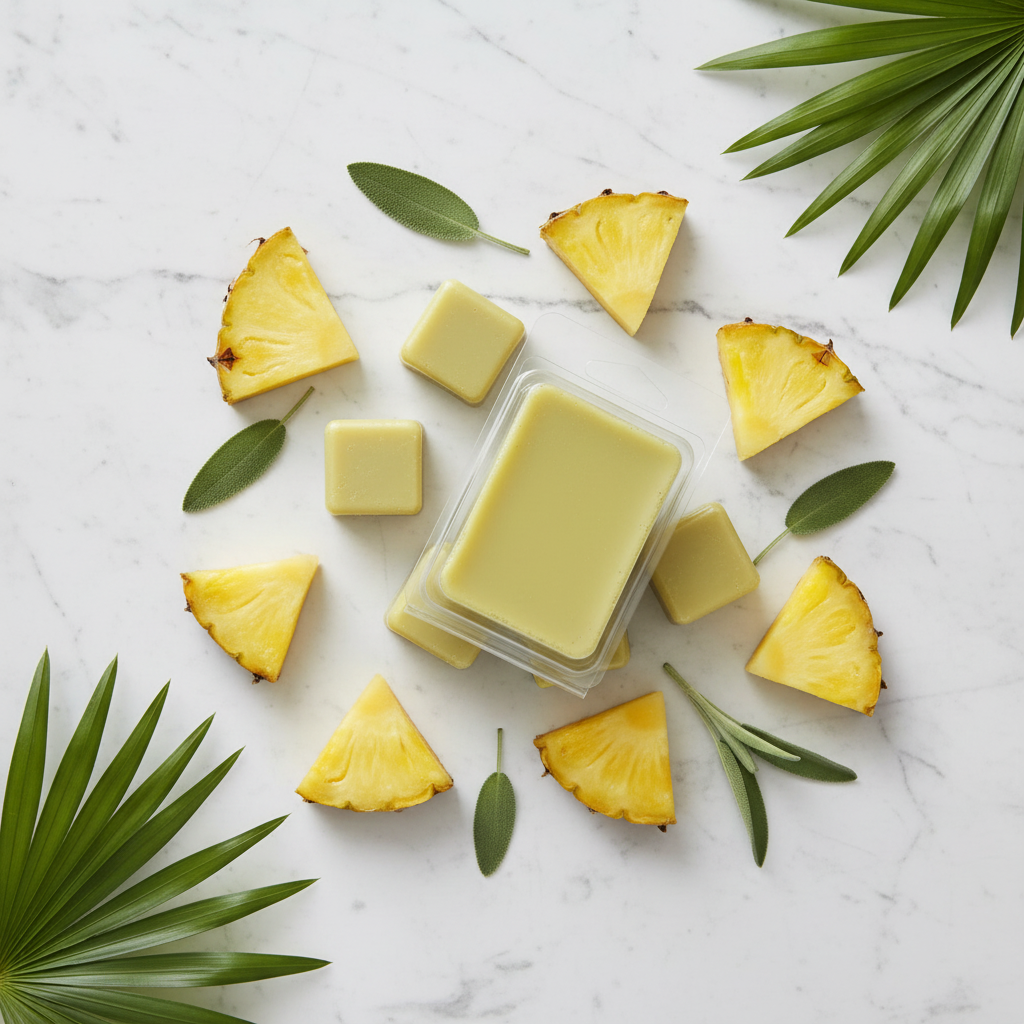 Top-down flat lay of yellow-green Pineapple Sage scented wax melt cubes on a white marble surface with fresh pineapple chunks, sage leaves, and tropical green leaves in soft natural daylight