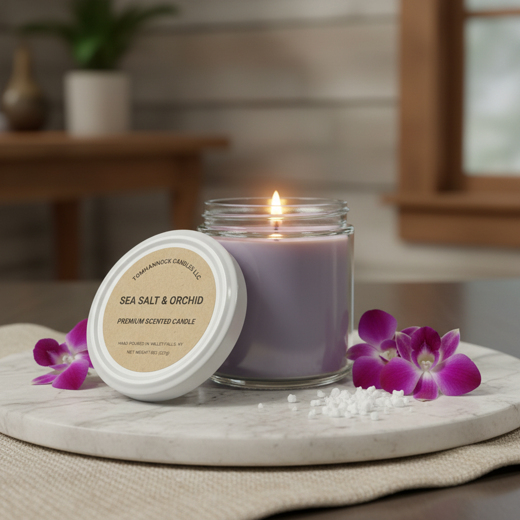 Sea Salt and Orchid scented candle lit with soft warm flame, violet wax in clear glass jar with purple orchid blooms on marble surface