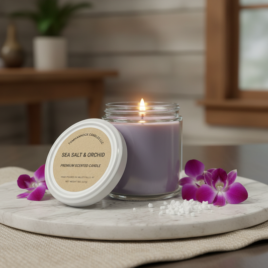 Sea Salt and Orchid scented candle lit with soft warm flame, violet wax in clear glass jar with purple orchid blooms on marble surface