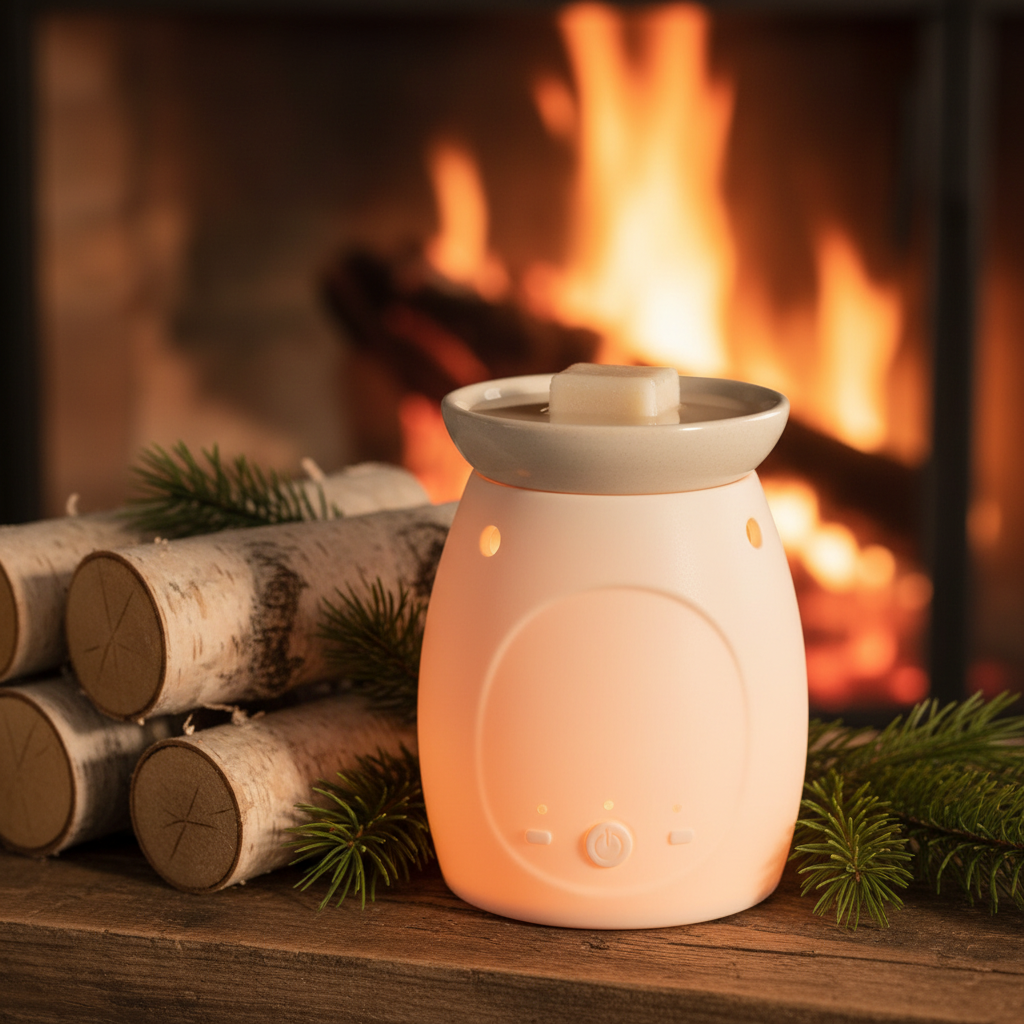 Cream ceramic wax warmer glowing with warm amber light melting a cream Cracklin' Birch wax cube on a rustic wooden mantle with stacked birch logs, pine sprigs, and a cozy fireplace in the background