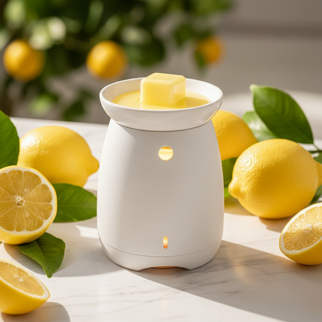White ceramic wax warmer glowing softly melting a pale yellow Lemon Orchard wax cube on a white marble kitchen counter with fresh whole lemons, lemon slices, green lemon tree leaves, and warm sunlight streaming in