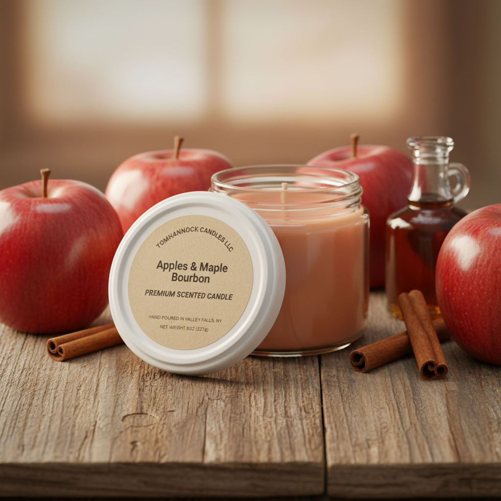Apples and Maple Bourbon scented candle on rustic wood surface with fresh red apples, cinnamon sticks, and maple syrup in warm autumn light