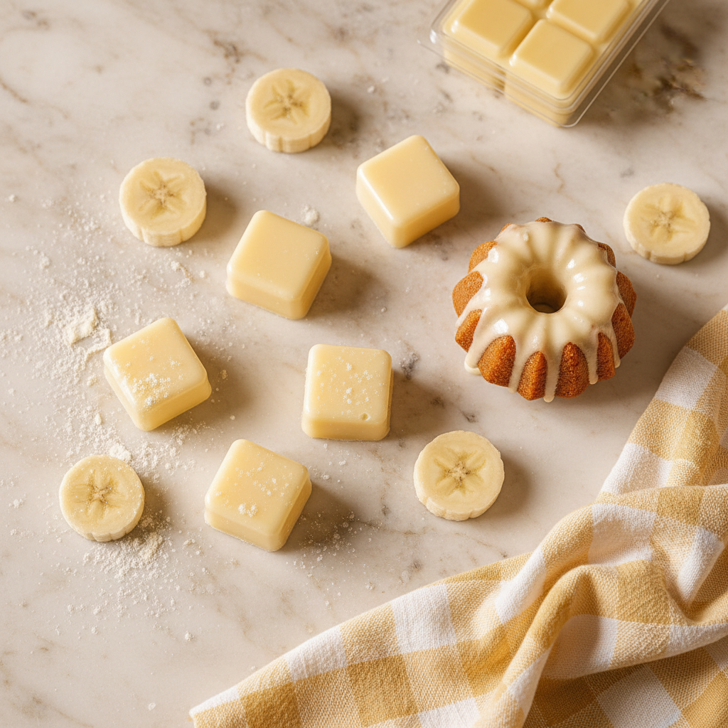 Top-down flat lay of Banana Bundt Cake scented wax melt cubes on a marble surface with banana slices, a glazed bundt cake, scattered flour, and a linen napkin in warm soft light