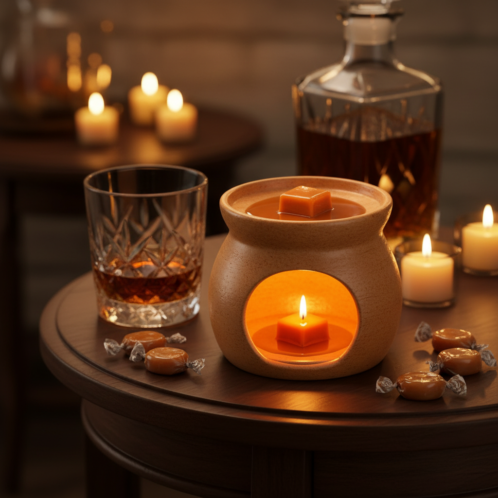 Amber ceramic wax warmer glowing warmly melting a rich caramel Butterscotch Bourbon wax cube on a dark wood side table with a crystal bourbon glass, butterscotch candies, and soft candlelight in a cozy rustic-luxury evening setting