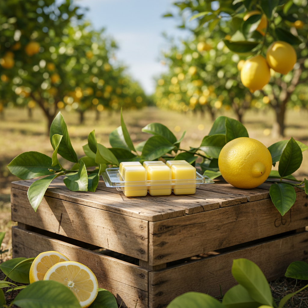 Lemon Orchard scented wax melt clamshell with pale yellow wax on a rustic wooden crate among fresh lemon tree branches with whole lemons hanging and dappled golden sunlight filtering through the leaves in an outdoor orchard setting