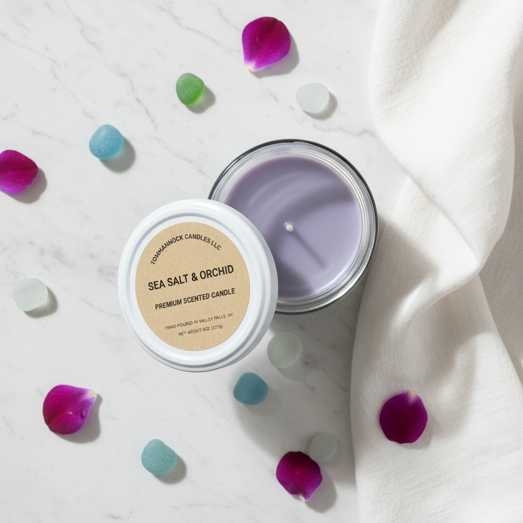 Sea Salt and Orchid candle flat lay on white marble with purple orchid petals, sea glass pieces, and soft white linen in bright natural light