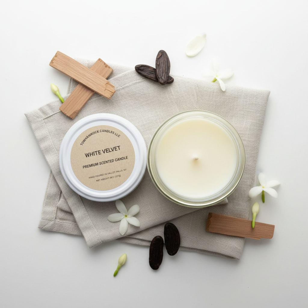 White Velvet candle flat lay overhead shot on white linen with sandalwood pieces, tonka beans, and white flowers