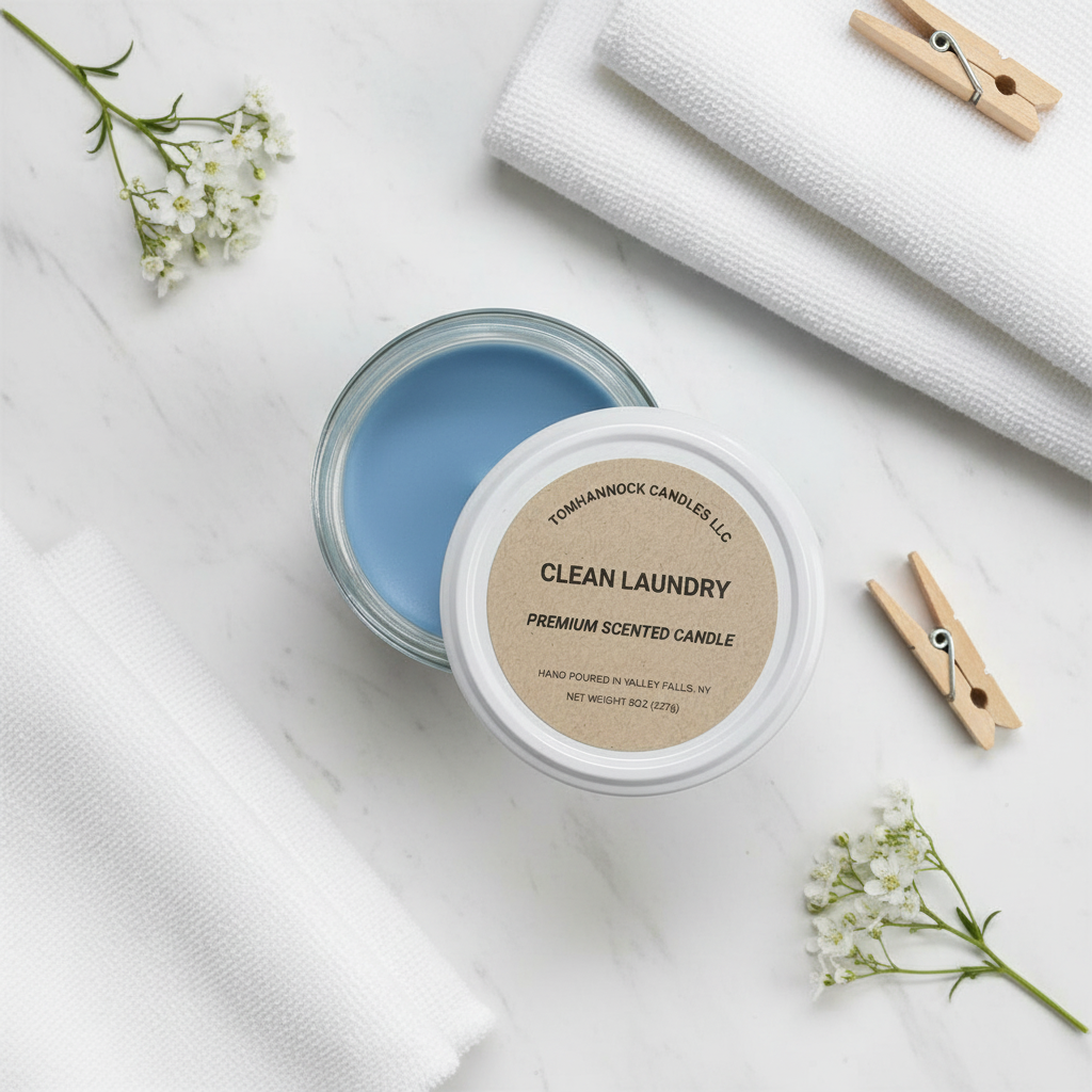 Clean Laundry candle flat lay on white marble with folded white linen, small white wildflowers, and a wooden clothespin in soft natural light