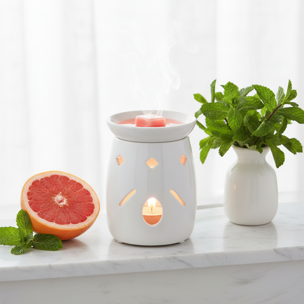 White ceramic wax warmer glowing softly melting a pink coral Grapefruit and Mint wax cube on a white marble shelf with a halved grapefruit, fresh mint sprigs in a small white vase, and soft natural window light