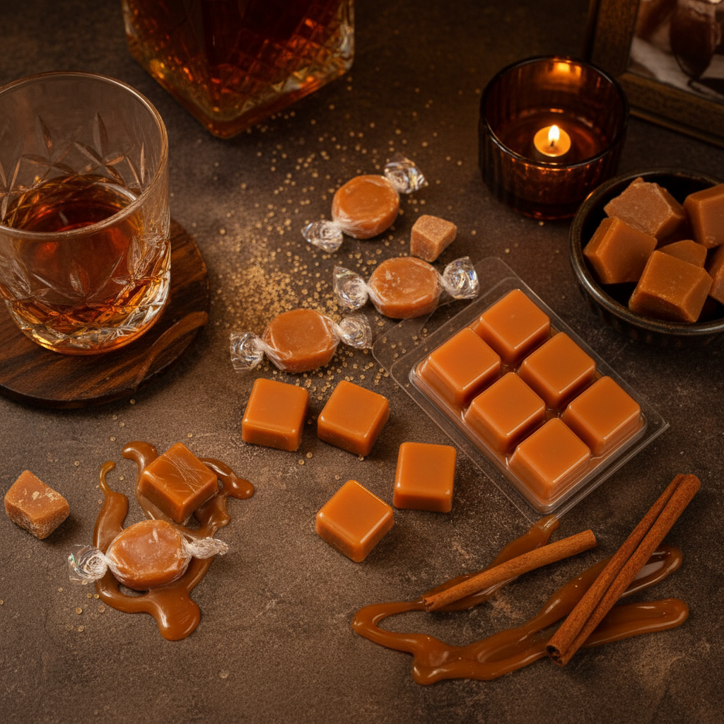 Top-down flat lay of rich caramel amber Butterscotch Bourbon scented wax melt cubes on a dark slate surface with butterscotch candies, a cinnamon stick, a crystal bourbon glass, and scattered brown sugar crystals in warm amber light