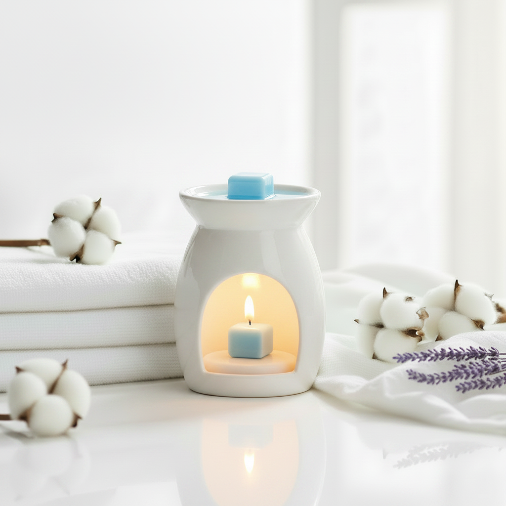 White ceramic wax warmer glowing softly melting a soft sky blue Clean Laundry wax cube on a white bathroom shelf with folded white towels, cotton bolls, and a lavender sprig in bright natural window light