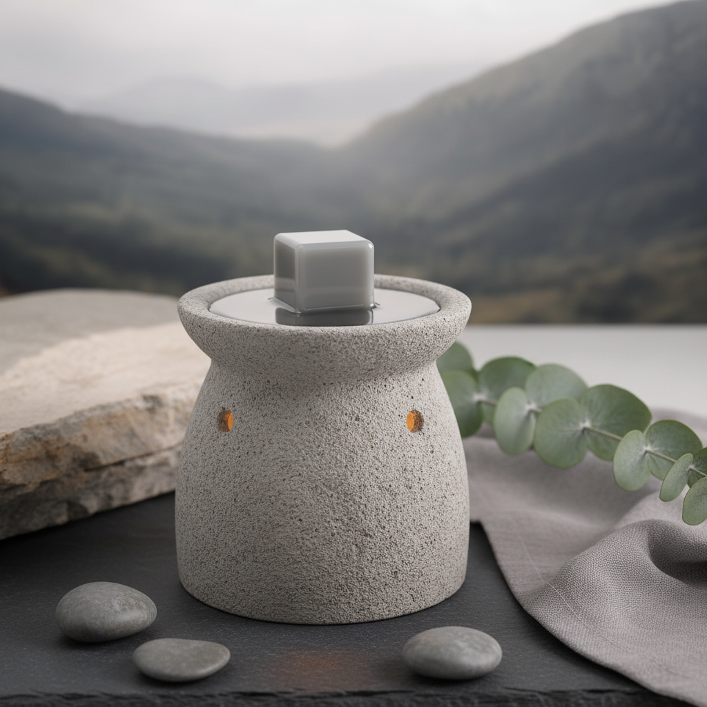 Grey stone ceramic wax warmer glowing softly melting a slate grey Stone Ridge wax cube on a stone surface with smooth river rocks, eucalyptus sprigs, and grey linen in a cool minimal earthy setting