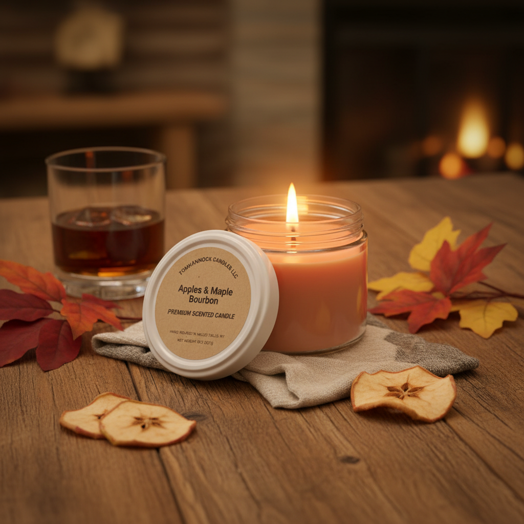 Apples and Maple Bourbon scented candle lit with warm glowing flame in cozy fall setting with dried apple slices, bourbon glass, and autumn leaves