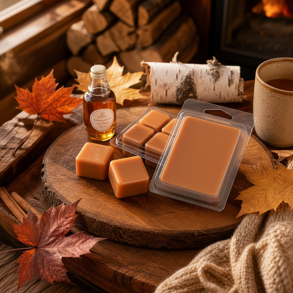Top-down flat lay of warm amber Maplewood Cabin scented wax melt cubes on a dark wood surface with fall maple leaves, a small maple syrup bottle, cinnamon sticks, and birch bark in soft golden autumn light