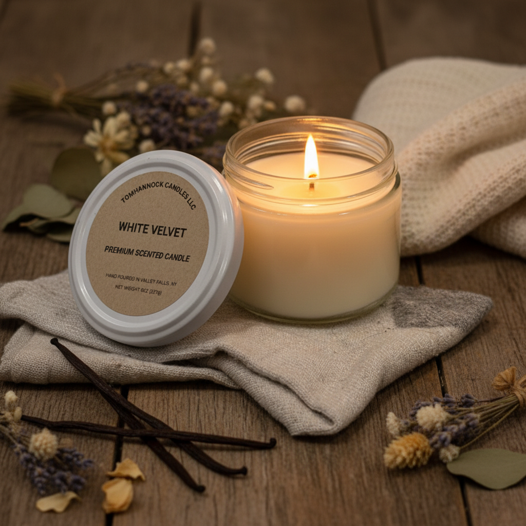 White Velvet scented candle lit with warm glowing flame on a cozy wooden surface with vanilla pods and cream fabric