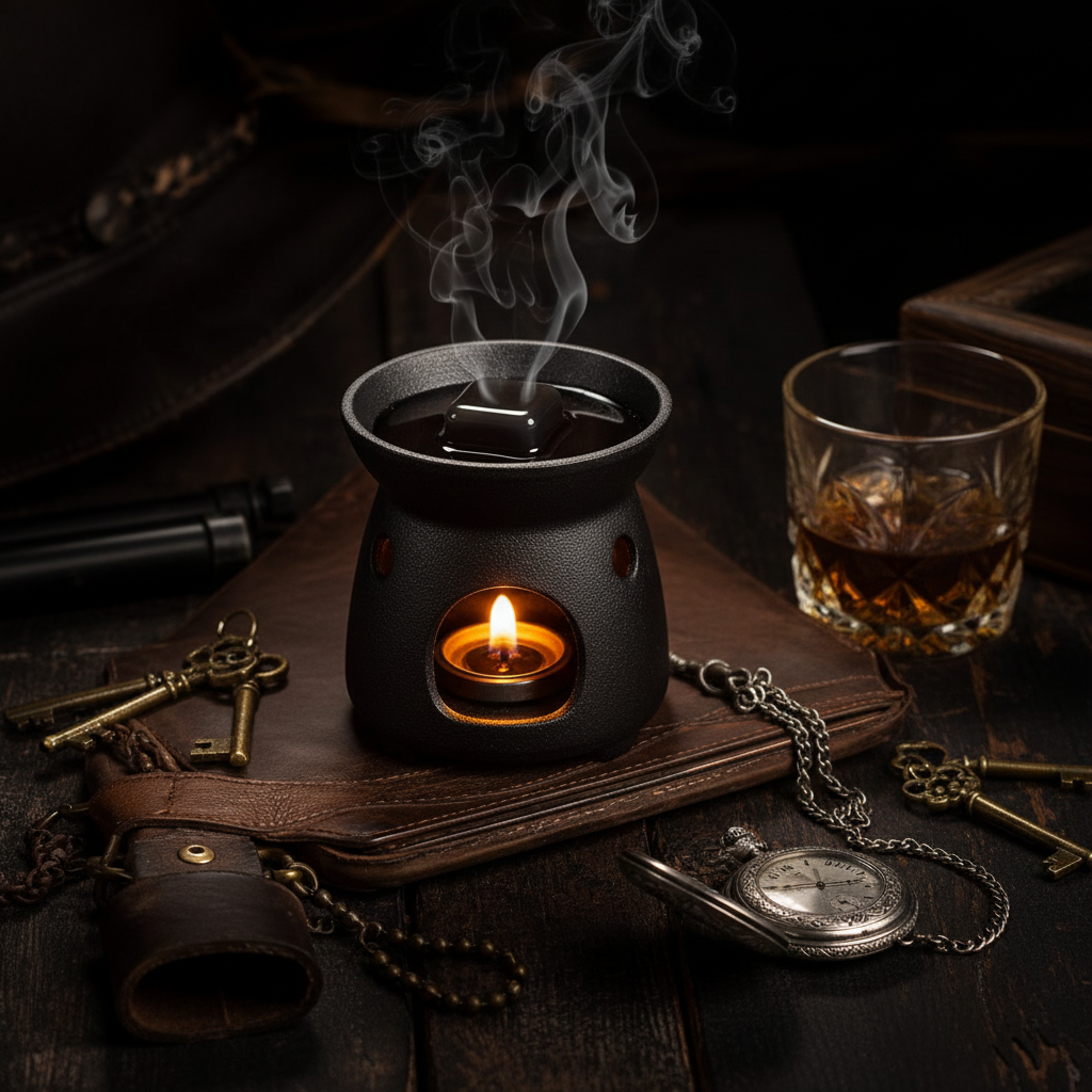 Dark ceramic wax warmer with amber glow melting a black Bandit wax cube, styled on leather with whiskey glass, old keys, and pocket watch in dramatic moody lighting