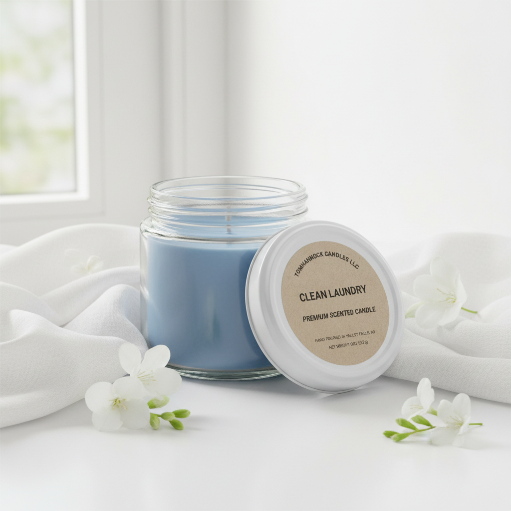 Clean Laundry scented candle on white surface with fresh white cotton fabric and white flowers in bright airy natural light