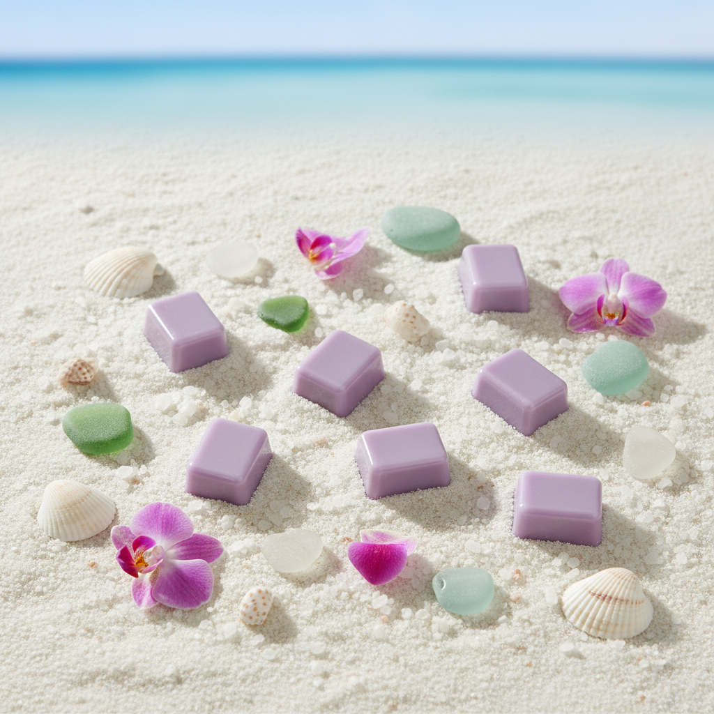 Top-down flat lay of light violet Sea Salt and Orchid scented wax melt cubes on white sand with pink orchid petals, sea glass, small seashells, and sea salt crystals in bright tropical natural light
