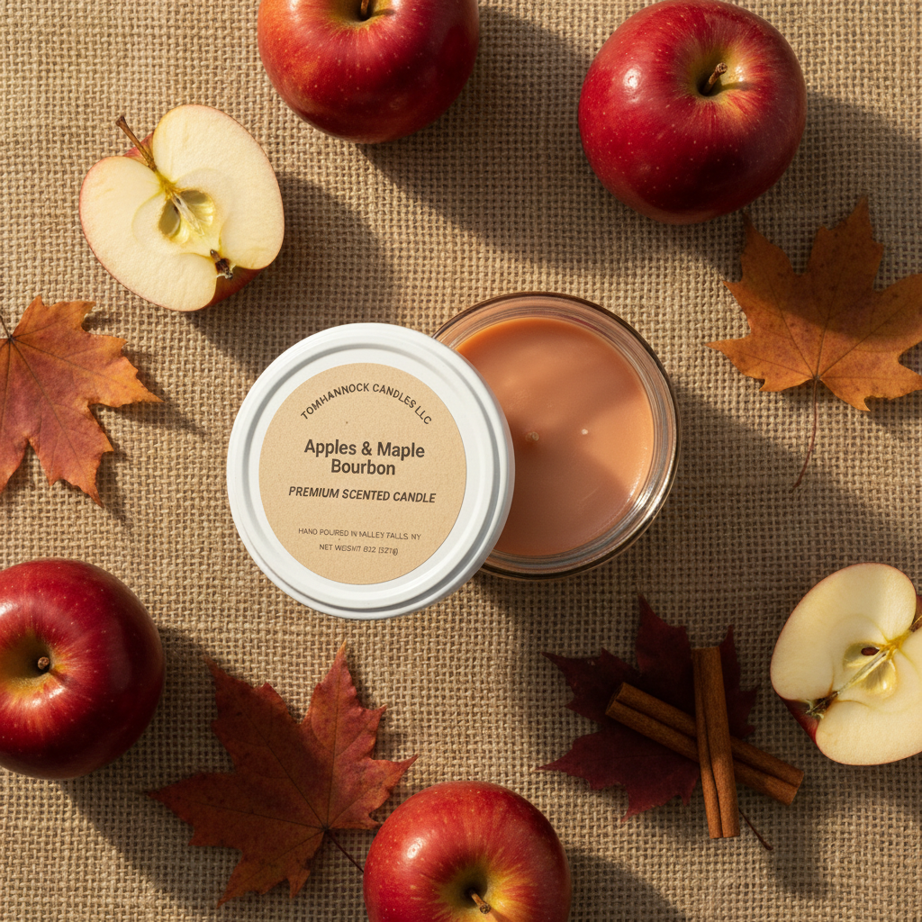 Apples and Maple Bourbon candle flat lay overhead on burlap with red apples, maple leaves, and cinnamon sticks, Upstate New York harvest aesthetic