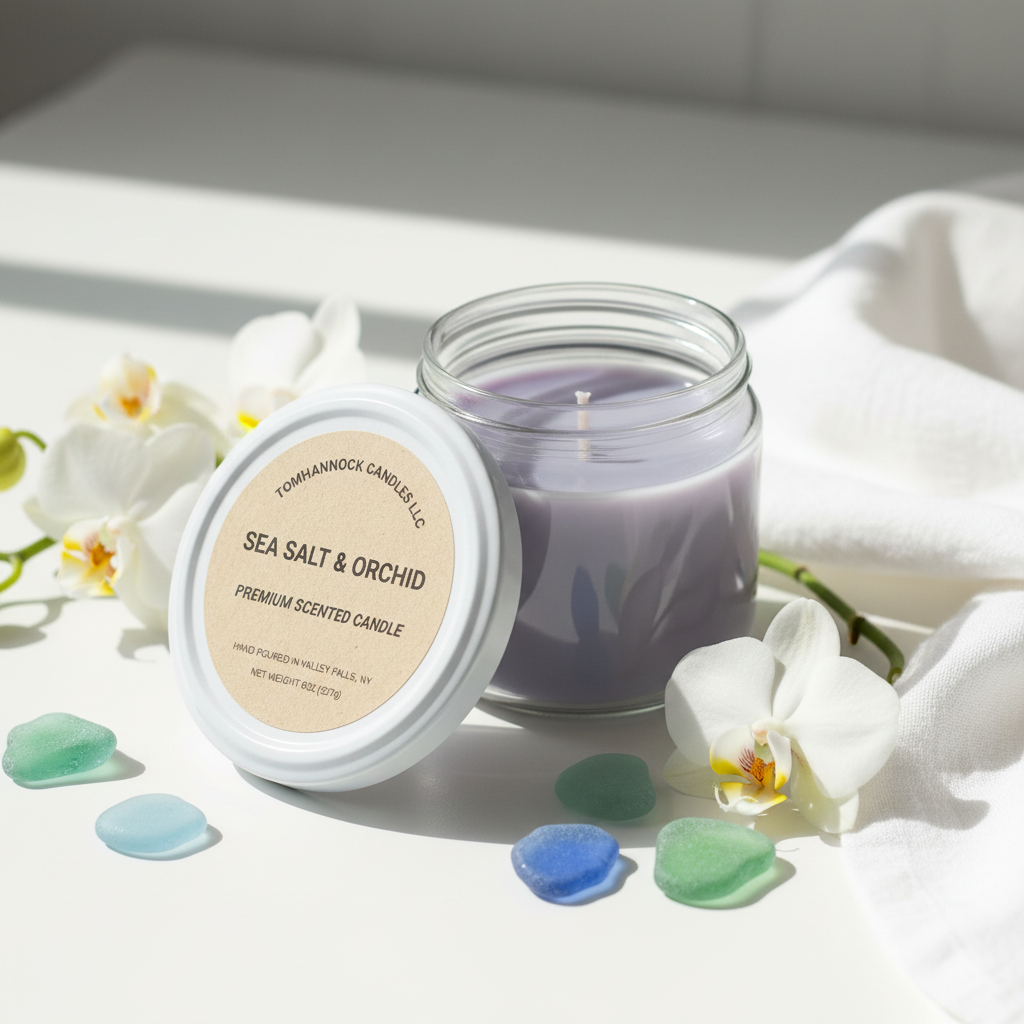 Sea Salt and Orchid scented candle on white surface with fresh white orchid flowers and sea glass in bright airy coastal light