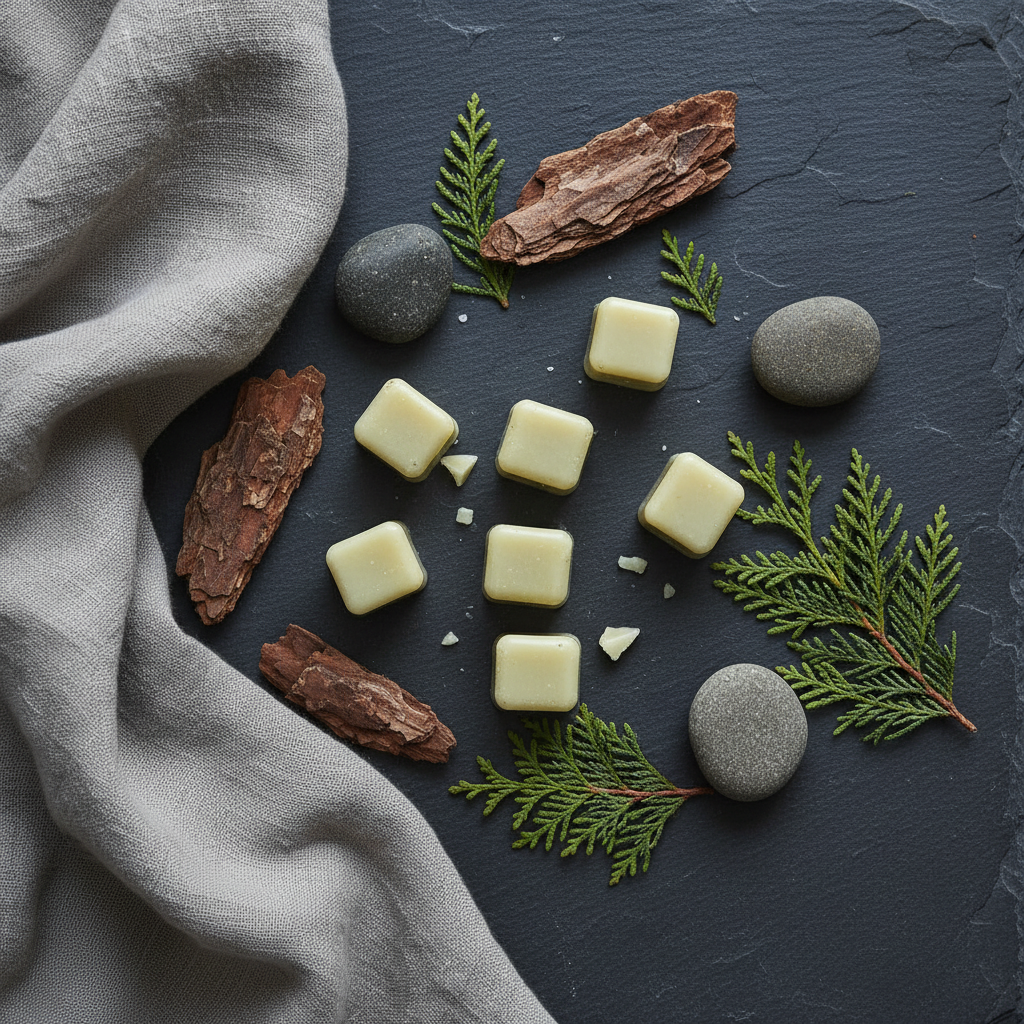 Top-down flat lay of Cedar Ridge scented wax melt cubes on a dark slate surface with cedar bark, cedar sprigs, smooth river stones, and grey linen in cool natural daylight