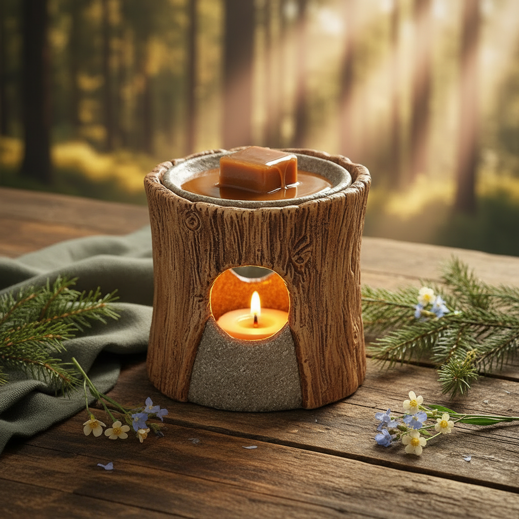 Natural stone ceramic wax warmer glowing warmly melting a warm brown Wood and Wildflower wax cube on a reclaimed wood surface with pine branches, small wildflowers, and soft dappled forest light in the background