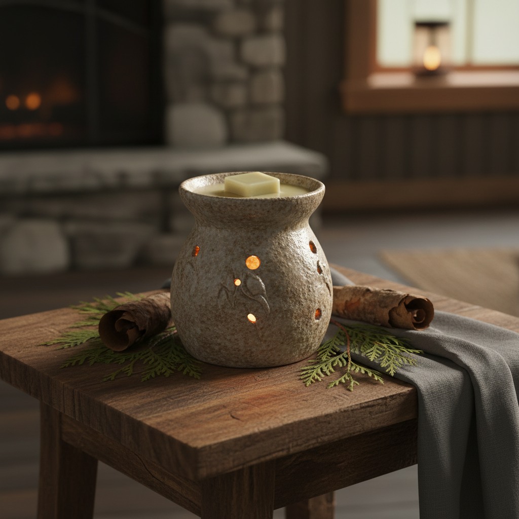 Natural ceramic wax warmer glowing warmly melting a cream cedar wax cube on a wooden cabin side table with cedar branches, bark, and grey linen in a rustic earthy interior setting