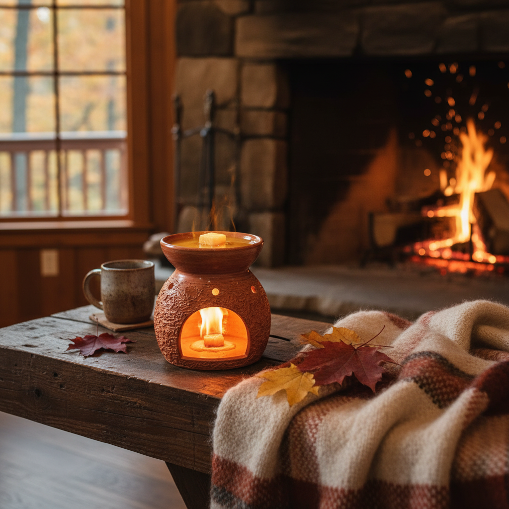 Rustic ceramic wax warmer glowing warmly melting an amber Maplewood Cabin wax cube on a wooden mantle beside a crackling fireplace with stacked logs, a plaid blanket, and fall maple leaves in warm golden cabin light