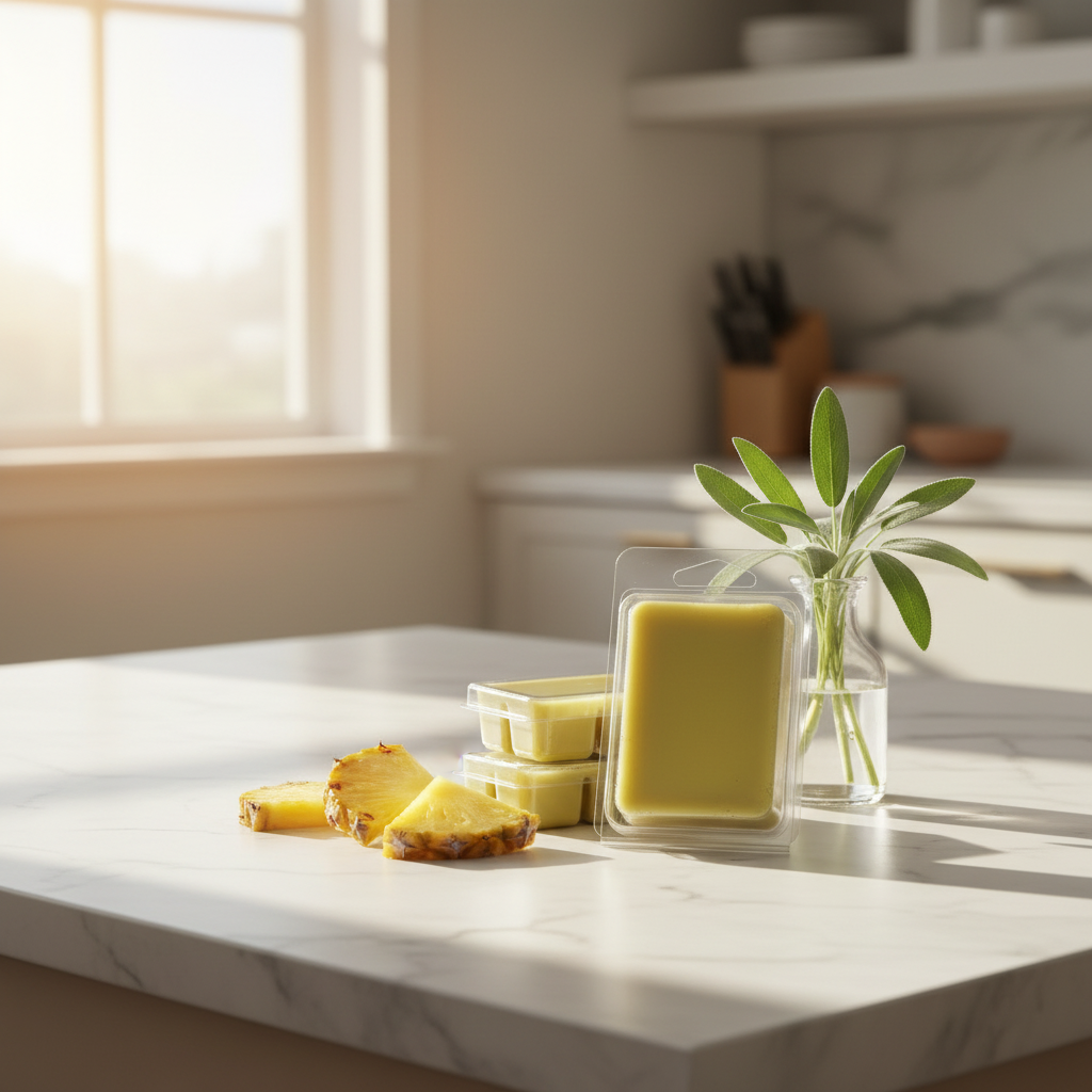 Pineapple Sage scented wax melt clamshell with yellow-green wax on a white marble countertop with fresh pineapple slices, sage sprigs in a glass vase, and warm sunlight in a bright airy kitchen