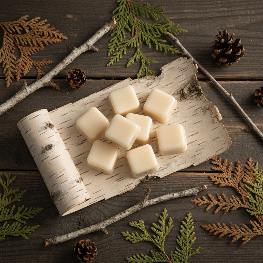 Top-down flat lay of cream off-white Cracklin' Birch scented wax melt cubes on white birch bark with birch twigs, pine cones, and dried cedar sprigs on a dark wood surface in soft natural light
