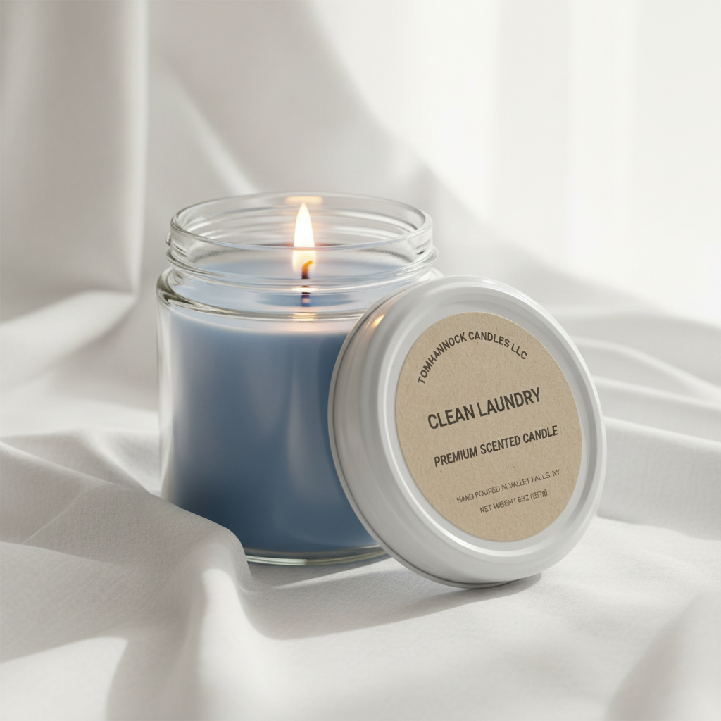 Clean Laundry scented candle lit with soft warm flame, powder blue wax in clear glass jar, fresh white linen sheets in background with morning light