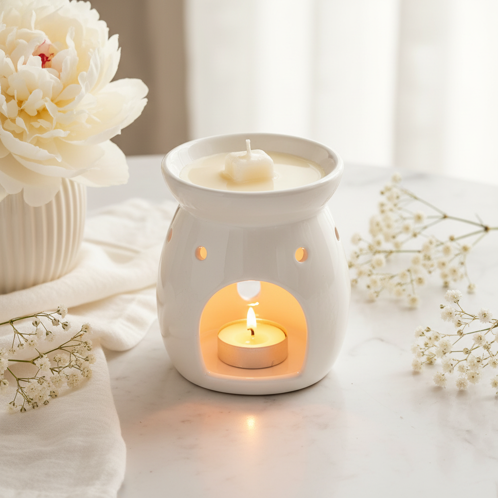 White ceramic wax melt warmer glowing with a White Velvet wax cube melting inside, styled on a marble surface with white linen, peony flower, and baby's breath in soft natural light