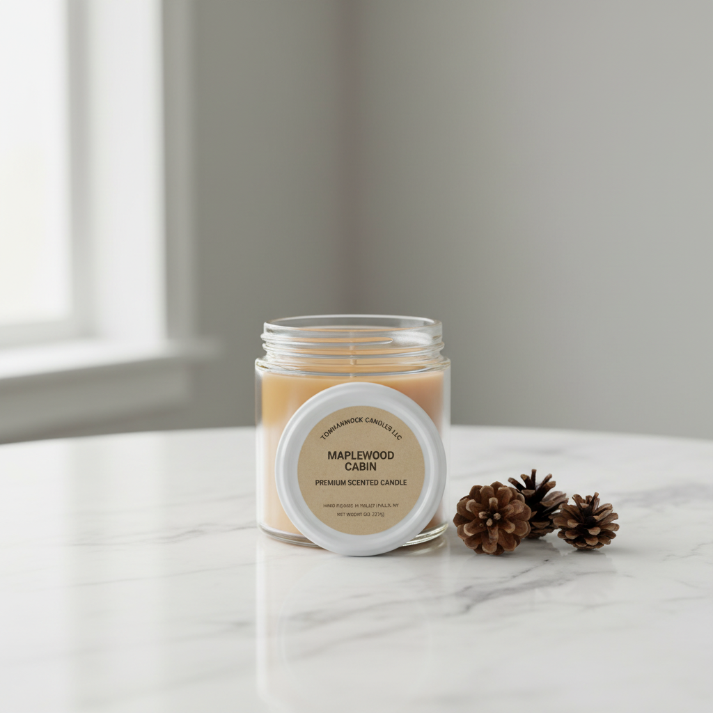 Maplewood Cabin scented candle on white marble surface with pine cones, soft natural light, premium product photography