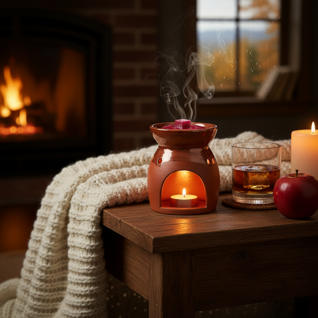 Terracotta wax warmer glowing warmly melting a deep red Apples and Maple Bourbon wax cube on a wooden side table with a knit blanket, bourbon glass, and red apple in cozy fall evening lighting