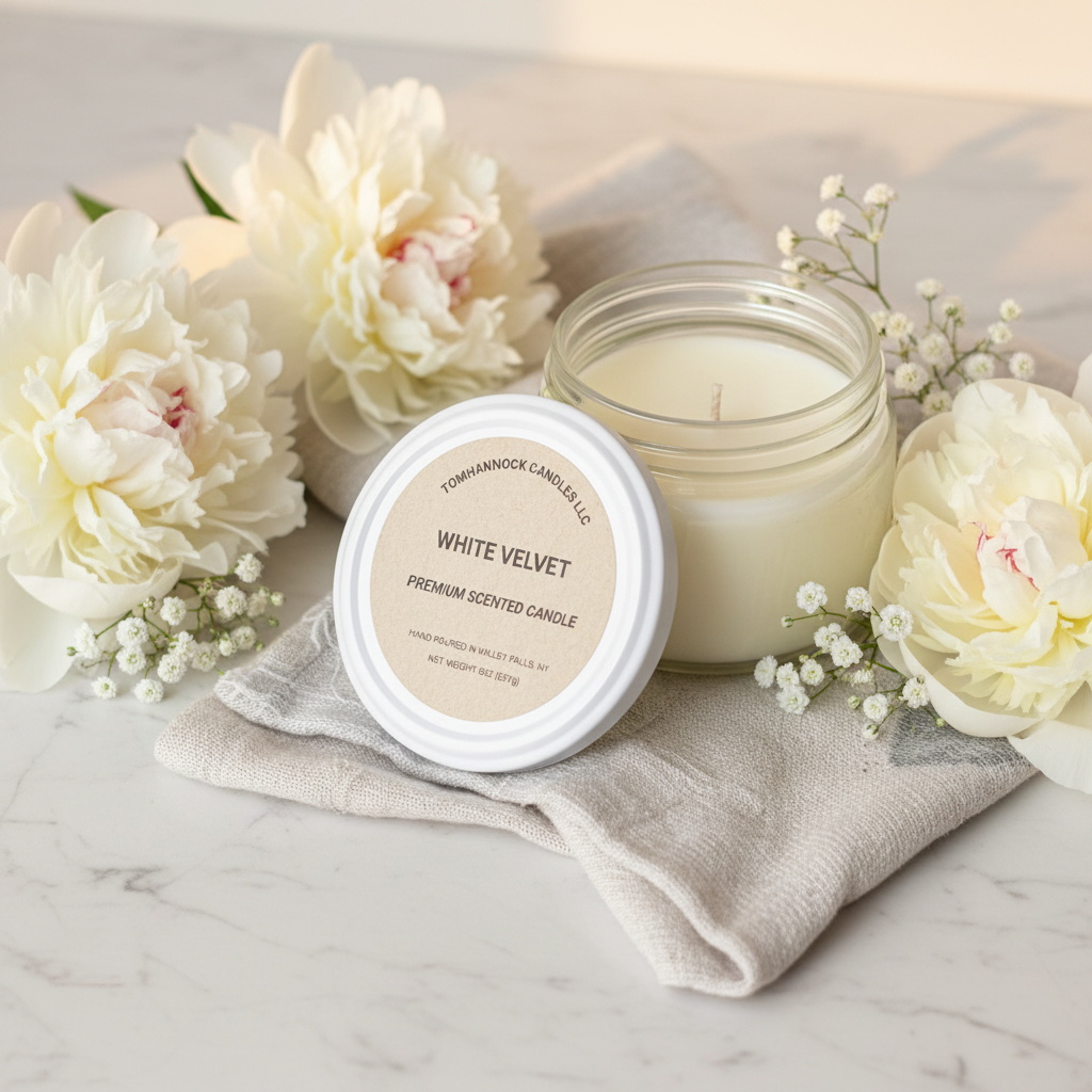 White Velvet scented candle in clear glass jar styled on marble with white peony flowers and baby's breath in soft natural light