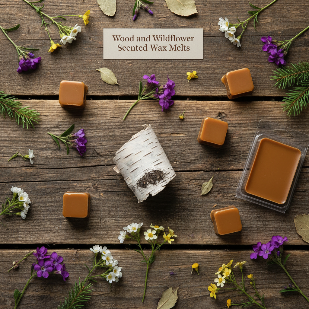 Top-down flat lay of warm brown Wood and Wildflower scented wax melt cubes on a weathered wood surface with scattered purple, white, and yellow wildflowers, pine sprigs, birch bark, and dried botanicals in soft natural light