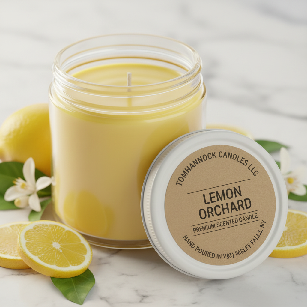 Tomhannock Candles Lemon Orchard premium scented candle in a clear glass jar with lid label, hand poured in Valley Falls NY, styled with lemon slices and white blossoms on a marble surface